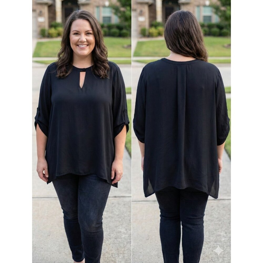 Torrid 3 3X Black Georgette Keyhole Sharkbite Blouse Roll Tab Sleeve High Low